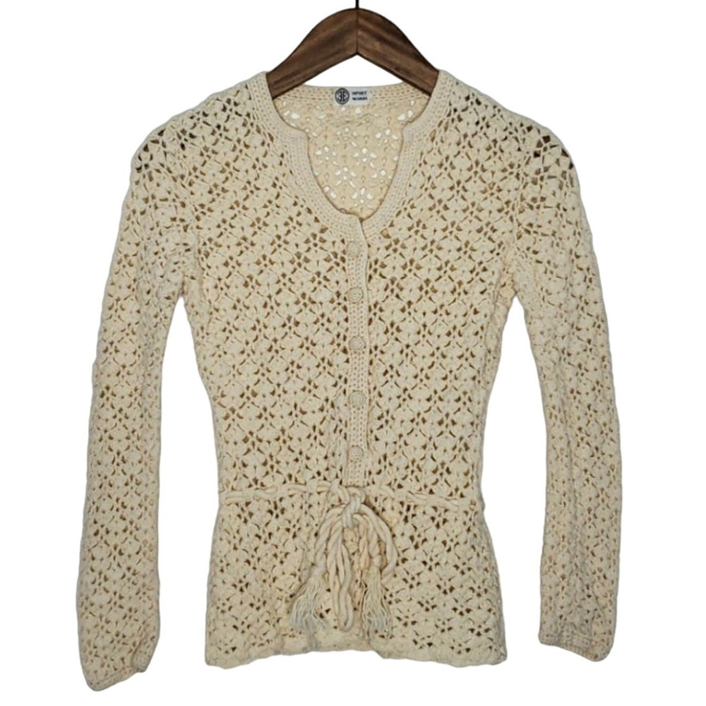 Vintage Open Knit Crochet V-neck Button-down Tie Waist Sweater Cream/Beige XS
